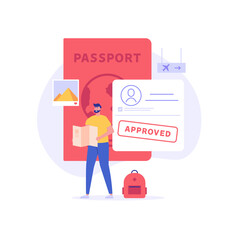 Concept of tourist visa, travel, approved visa, tourist guide. Young man tourist with guide map visits world attractions and landmarks. Traveling abroad with foreign passport. Vector illustration