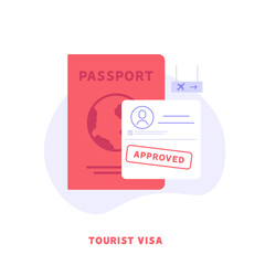 Concept of tourist visa, travel, approved visa, tourist guide. Young tourists with guide map visit world attractions and landmarks. People travel abroad with foreign passport. Vector illustration