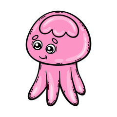Cute pink jellyfish. Sea animal in cartoon style. Vector illustration isolated on white background.