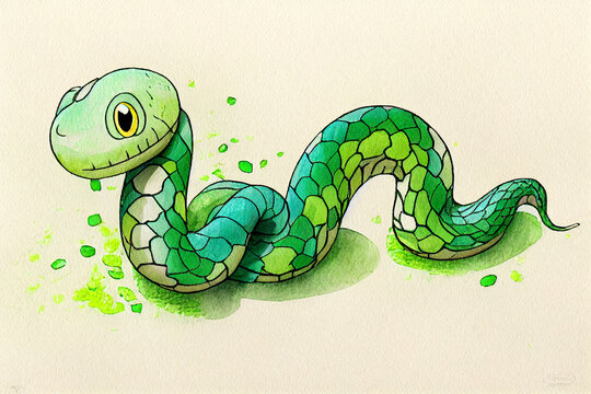 Cute green snake of watercolor animal in cartoon style on isolated background.