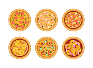 Pizza as Savory Italian Dish with Round Flattened Dough Topped with Different Ingredients Above View Vector Set