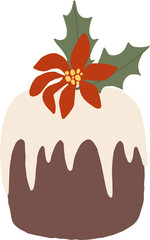 Chocolate Christmas sweet cake with frosting and berries decoration, png illustration in flat cartoon style. Isolated on transparent background
