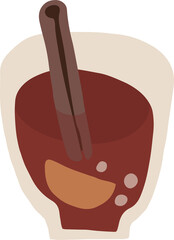 Merry Christmas red mulled wine glass or goblet with spices and cinamon, png illustration in flat cartoon style. Isolated on transparent background