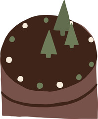 Super chocolate Christmas sweet cake with frosting and christmas tree decoration, png illustration in flat cartoon style. Isolated on transparent background