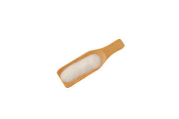 Citric Acid in wooden scoop isolated on white background. Food additive E330. Lemon salt is widely used as acidity regulator, stabilizer, complexing agent, preservative and flavorings