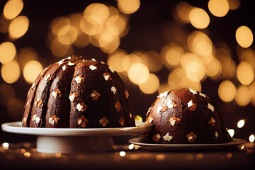 Delicious Panettone with candied fruits, typical Italian sweet Pandoro with blurred Christmas...