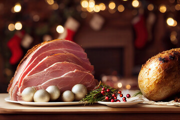 Traditional Christmas smoked roast pork ham sliced ​​on wooden cutting board with Christmas...