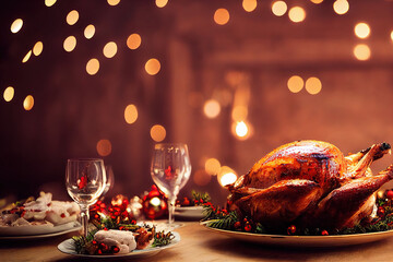 Juicy and tasty roast turkey on plate with Christmas decoration