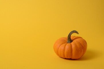 Fresh whole orange pumpkin with copy space on yellow background with copy space for text.