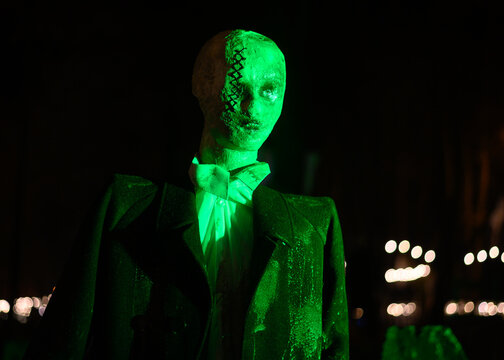 Green Man In Black Suit Zombie Halloween Scary Night Installation