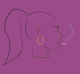 Silhouette. Portrait. Avatar. A black smoking girl. The linear girl's face. Portrait of a black girl. Flat illustration of a girl head. Sexy black woman. Black woman with ponytail hairstyle