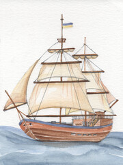 Watercolor wooden old ship with white sails. Marine hand-drawn art with sea.