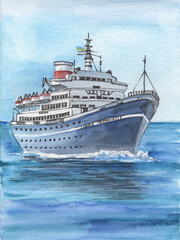 Fototapeta premium Watercolor illustration of modern passenger cruise ship in the ocean. Bright marine art with sea vehicle.