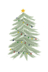 Watercolor christmas tree with lights and star for postcard.