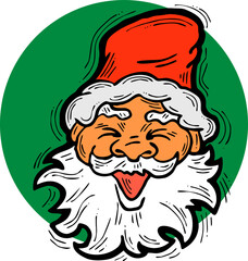 Funny Santa Claus face, hand drawn cartoon character, comic personage vector illustration. Decorative element, poster print, Christmas party invitation, postcard design. Traditional winter celebration