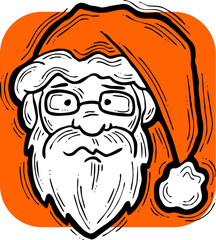Funny Santa Claus face, hand drawn cartoon character, comic personage vector illustration. Decorative element, poster print, Christmas party invitation, postcard design. Traditional winter celebration