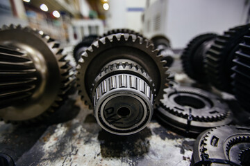 Part of car gearbox. Gears of gearshift transmission, close up