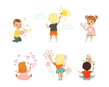 Cheerful Boy and Girl Drawing with Paint Brush on the Wall Vector Set
