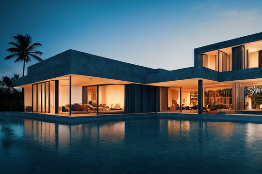 Luxury pool villa spectacular contemporary design 3D illustration digital art real estate , home, house and property