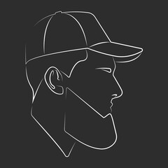 Silhouette of a black guy. Linear portrait. Avatar. Icon. Facial contours. Bearded man in a baseball cap. Stylish guy. Linear male head. Man head silhouette. Flat male illustration.
