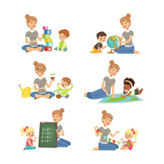 Cute Little Boy and Girl Sitting on the Floor Studying and Learning Alphabet and Geography with Young Teacher Vector Set