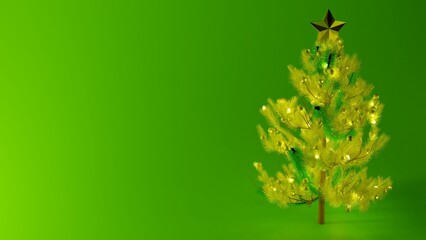Illuminated yellow Christmas tree with a green screen background with copy space