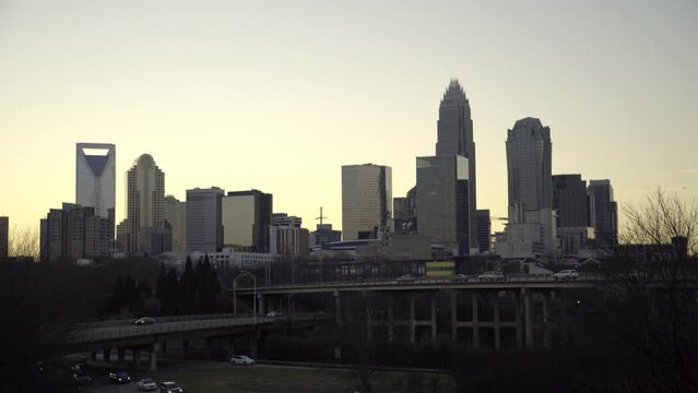 Lockdown Shot Of Skyscrapers In Downtown Against Clear Sky At Sunset - Charlotte, North Carolina