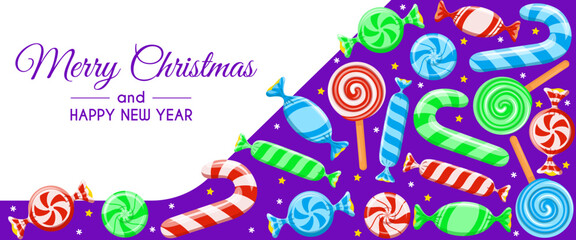 Merry Christmas and Happy New Year promotion banner. Multicolored striped hard candy, candy cane, lollipop, candies in wrapper. Holiday poster, web, flyer, stylish brochure, greeting card, background