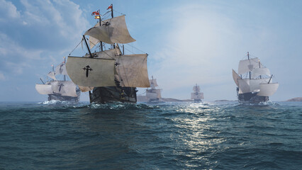 The NAO VICTORIA in front of Fernando Magellans Armada is the flagship of the spanish expedition to circumnavigate the Globe. © paul moiré