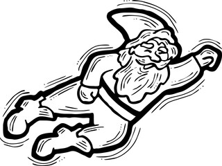 Funny Santa Claus flying, hand drawn cartoon character, comic personage vector illustration. Decorative element for poster print, Christmas invitation, postcard design. Traditional winter celebration.
