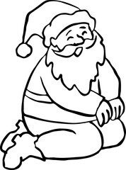 Funny Santa Claus sitting, hand drawn cartoon character, comic personage vector illustration. Decorative element for poster print, Christmas invitation, postcard design. Traditional winter holiday.