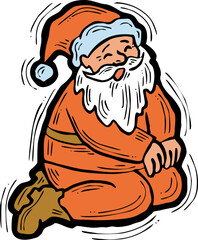Funny Santa Claus sitting, hand drawn cartoon character, comic personage vector illustration. Decorative element for poster print, Christmas invitation, postcard design. Traditional winter holiday.