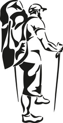 Black and White Cartoon Illustration Vector of a Person Hiking with Poles and Backpack