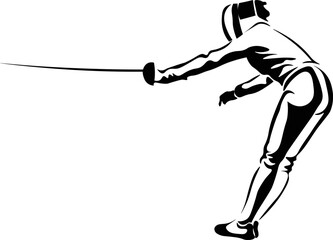 Black and White Cartoon Illustration Vector of a Person Fencing with a Rapier Sword