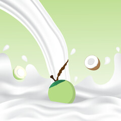 Coconut milk splash with white splashing liquid. Pouring coconut milk on green background. Fruit drink and organic dairy free vegan milk. Creative design vector illustration with empty space.