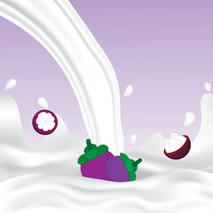 Mangosteen milk splash with white splashing liquid. Pouring mangosteen milk on purple background. Fruit drink and organic dairy free vegan milk. Creative design vector illustration with empty space.