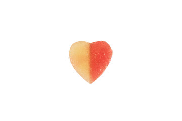 Obraz na płótnie Canvas Heart shaped Gummy Jelly candy on white background. Sugar coated marmalade in heart shape. Fruit jelly in the form of a heart.