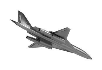 Fototapeta na wymiar Isolated Dynamic View of Jet on White Background, Metallic Body Fighter Plane, Award or Trophy, 3D Render Illustration.