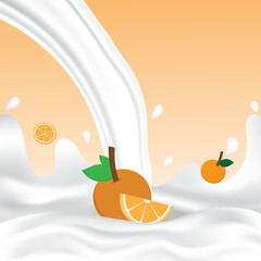 Orange milk splash with white splashing liquid. Pouring orange milk on orange background. Fruit drink and organic dairy free vegan milk. Creative design vector illustration with empty space.