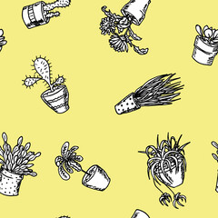 Seamless pattern with flowers, cactus and plants in flowerpots - hand drawn on yellow color	