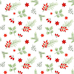 Botanical christmas pattern warm shade berry branch flat. Yew berry pine branch rosehip poinsettia red flower seasons seamless traditional plant design print textile interior holiday gift wrapping