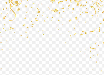 Falling shiny golden confetti isolated on transparent background.VIP flying sparkle elements, gold foil texture serpentine streamers confetti falling new year vector.