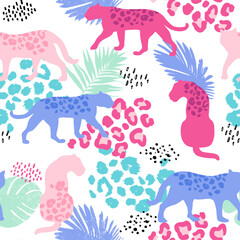 Seamless pattern with leopards, palm leaves, animal print. Creative texture for fabric, wrapping, textile, wallpaper, apparel. Vector illustration background