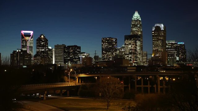 Lockdown Defocused View Of Modern City Against Clear Sky At Night - Charlotte, North Carolina