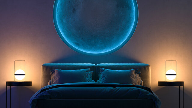 Blue Moon on the Wall in the Bedroom. Led light strip. 3D Illustration.