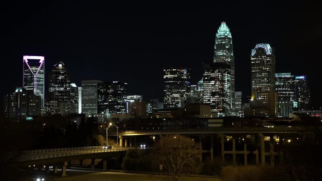 Lockdown Shot Of Illuminated Residential Skyscrapers In City Against Clear Sky At Night - Charlotte, North Carolina