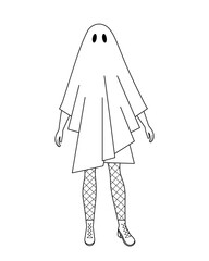 Woman dressed in a ghost costume. Halloween costume for party. Hand drawn outline vector illustration isolated on white background.