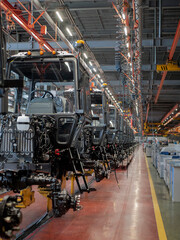 Tractor assembly line in a production building, Tractor cabs in the assembly hall