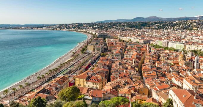 Aerial timelapse of nice skyline with people visiting the Promenade des Anglais, Nice, France