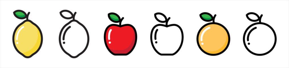 Fruits icon set. Lemon, Lime, orange, citrus, apple red green symbol signs, vector illustration